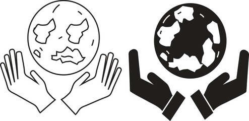 Hands holding the planet Earth icon set. Vector symbols for environmental care, global sustainability, and saving our world.