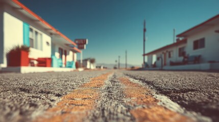 A low-angle view of a vintage roadside motel, showcasing colorful buildings and a clear blue sky, inviting travelers to stop and explore.