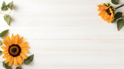 Bright yellow sunflowers with green leaves are arranged on plain light wooden background, creating cheerful and natural composition. minimalistic design highlights vibrant colors