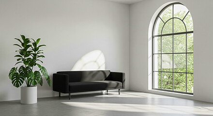 Minimalist modern living room with black sofa, large arched window, and lush green plant bathed in sunlight.