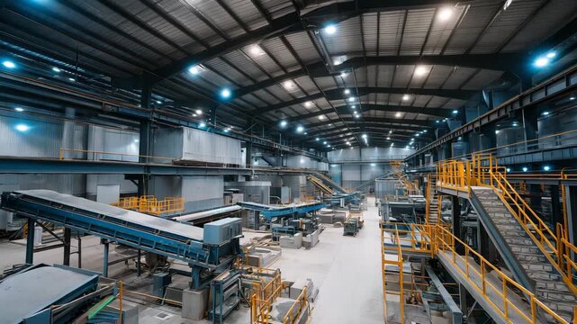 wide shot inside rare earth mineral refining factory with conveyor belts and machinery, supply chain, clean industrial lighting, steel grey and electric blue