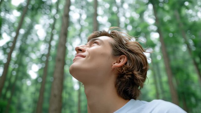 Forest bathing and being in peaceful nature. Breathing fresh air, reconnecting with nature in a lush green forest