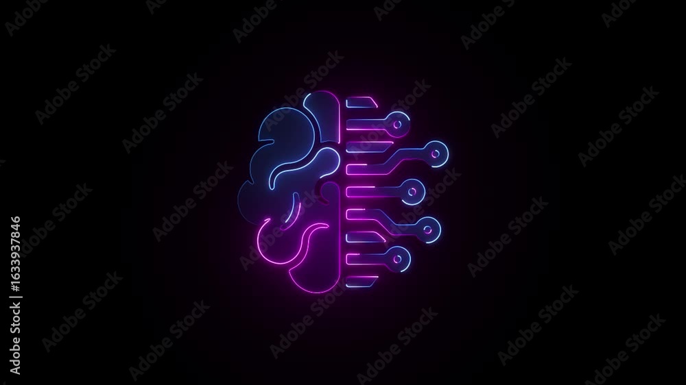 Poster glowing neon artificial intelligence brain icon circuit board symbol on a black background animation