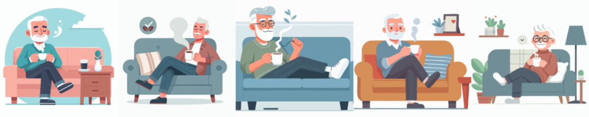 Flat Illustration Series of Senior Man Relaxing on Sofa at Home