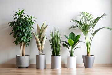 A collection of five diverse potted houseplants arranged against a plain white wall on a wooden floor