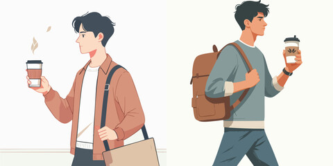 Stylized Young Man Illustration Holding Coffee Cup Commuting Lifestyle Concept