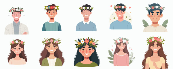 Flat Design Group of People Wearing Flower Crown Illustration Asset
