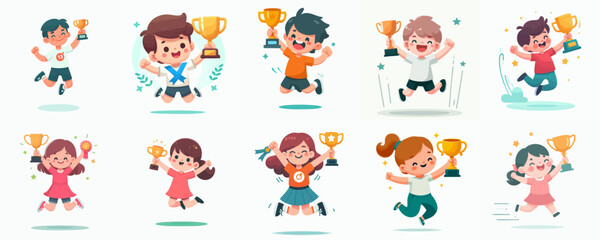 Cheerful Handdrawn Style Group of Children Holding Trophy Illustration Characters