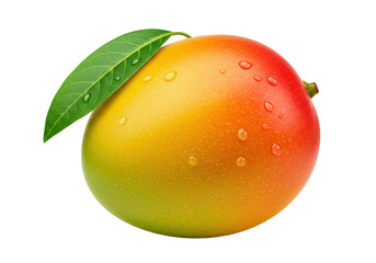Isolated Fresh Ripe Mango with Water Droplets and Green Leaf