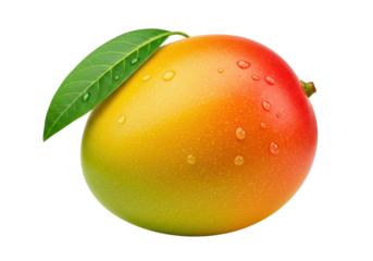 Isolated Fresh Ripe Mango with Water Droplets and Green Leaf