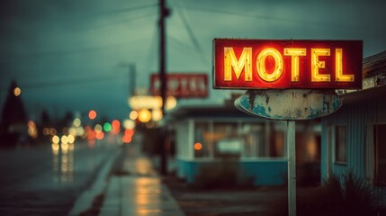 A vintage motel sign glows brightly at dusk, surrounded by a blurred street scene and soft lights, evoking a nostalgic roadside atmosphere.