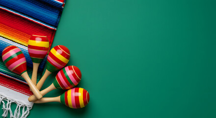 Vibrant Fiesta: Colorful Maracas and Serape on Emerald Green Background; Festive Mexican Party Design.
