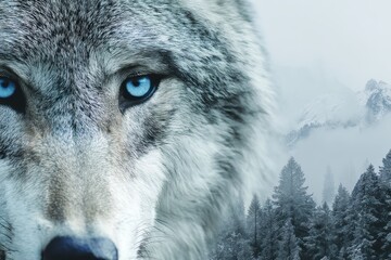 Obraz premium A close-up of a wolf with piercing blue eyes, set against a misty, snow-covered forest and mountain landscape
