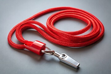 Bright red lanyard with silver metal clip and breakaway safety feature