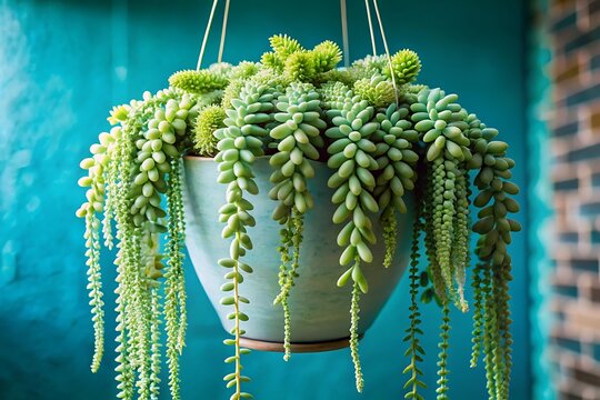 Cascading burro s tail succulent in a hanging pot with a turquoise background