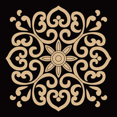 A symmetrical abstract design presents an elegant central flower and decorative swirls.