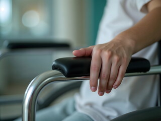 Hand resting on wheelchair armrest in hospital setting