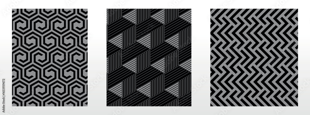 Poster geometric set of seamless black and gray patterns. simple vector graphics