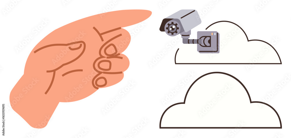 Poster hand pointing at security camera linked to cloud, emphasizing connection, surveillance, and privacy.