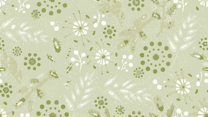 Floral pattern with white and olive green flowers leaves and berries in a seamless design style