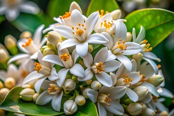Close up of fragrant white orange blossoms with green leaves and buds