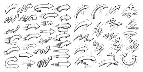 Collection of hand drawn doodle arrows and directional symbols in a sketchy black and white style