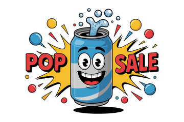 Playful Soda Can Mascot with Pop Sale Text and Bursting Bubbles on a Simple Backdrop