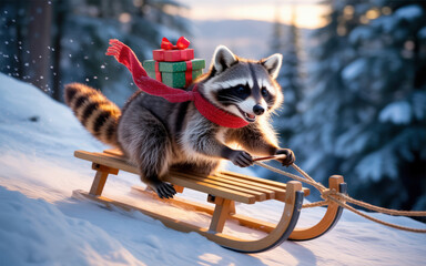 Raccoon Pulling a Sled with Gifts in a Snowy Winter Landscape with a Red Scarf and Presents