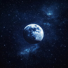 Fototapeta premium A large, cold Moon with craters on its surface, visible against the backdrop of dark, deep, starry space.