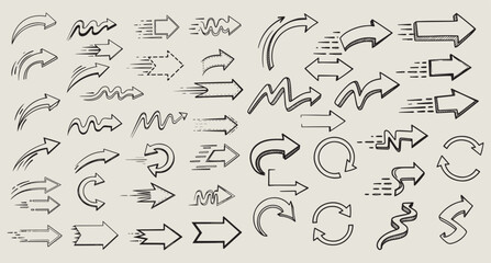 Collection of hand drawn doodle arrows and directional symbols in black ink on a textured cream background