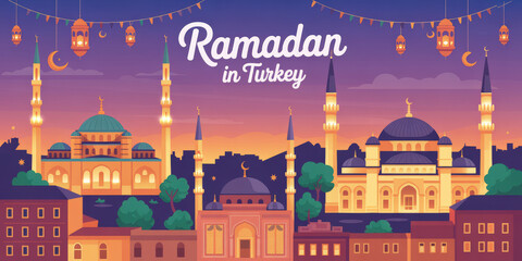 Ramadan in Türkiye A Vibrant Illustration of Mosques and Lanterns Against a Twilight Sky in Turkey