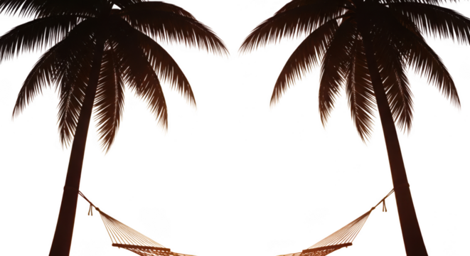 Two palm trees silhouetted against a dark night sky