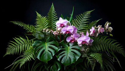 Fototapeta na wymiar A vibrant arrangement of pink orchids and lush green ferns against a dark background.