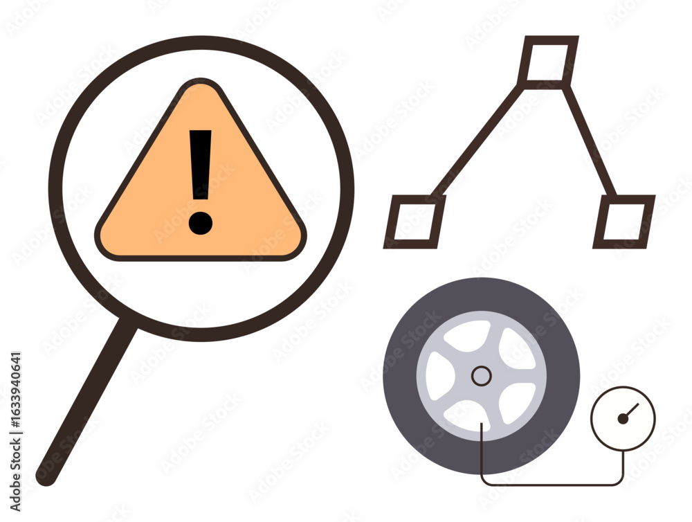 Poster yellow warning triangle with exclamation mark, tire with gauge indicating pressure, and a three-node