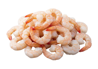 Raw, plump, pinkish-white, peeled, deveined shrimp pile on a seamless transparent background with high-key studio lighting, top-down view, concept for fresh food advertising