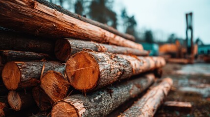 Freshly cut logs are stacked outdoors at a lumber yard, with a blurred industrial background and trees visible