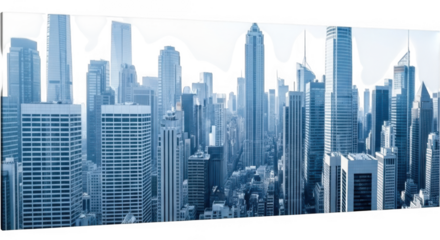 Futuristic blue cityscape with tall modern skyscrapers under a dark sky