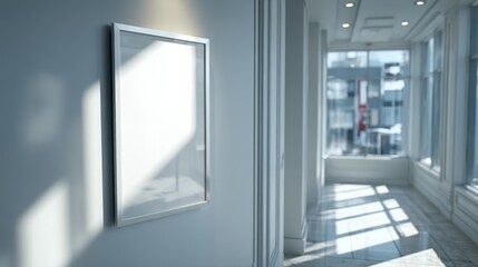 Obraz premium A bright hallway featuring a blank picture frame and large windows, allowing natural light to illuminate the space.