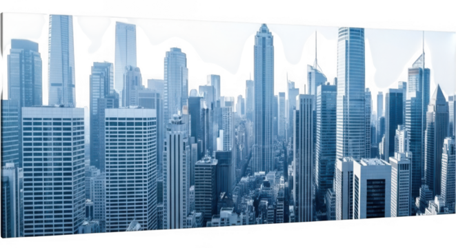 Futuristic blue cityscape with tall modern skyscrapers under a dark sky