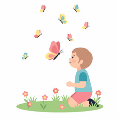 Smiling cartoon boy kneeling on green grass observing vibrant butterflies and pink flowers.
