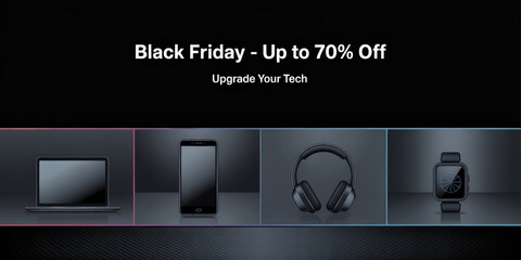 Sleek Black Friday Tech Sale Advertisement Featuring Laptop, Phone, Headphones, and Smartwatch with 70 Percent Off