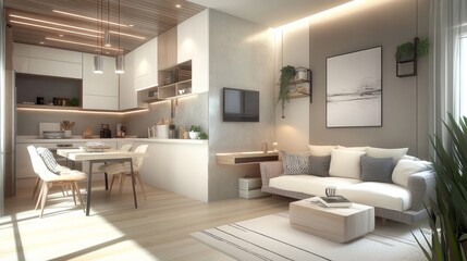 Fototapeta premium Elegant and Cozy Studio Apartment Interior Featuring Scandinavian Style, Warm Beige and White Decor