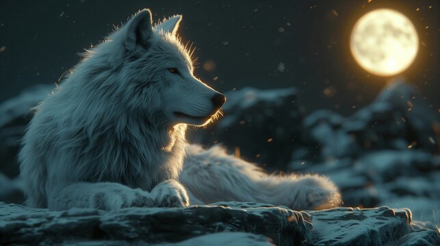A white wolf sitting on a rock in front of a full moon - Powered by Adobe