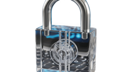 Transparent crystal padlock with intricate inner mechanism and blue illumination