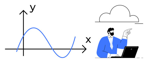 Businessman analyzing graph on Cartesian plane using laptop, pointing to cloud. Ideal for data analysis, cloud computing, business strategy, technology, analytics, education, simple flat metaphor
