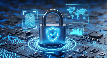 Glowing blue digital padlock with shield and fingerprint icons on a computer circuit board, symbolizing cybersecurity and data protection
