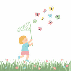 A cute cartoon child with blonde hair joyfully chasing colorful pastel butterflies with a net in a grassy field.