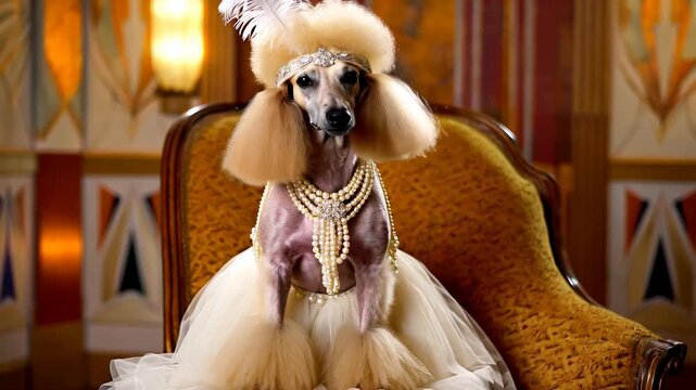 Stylish apricot poodle posing in 1920s flapper attire, pearl necklace, resting on vintage armchair within glamorous art deco setting