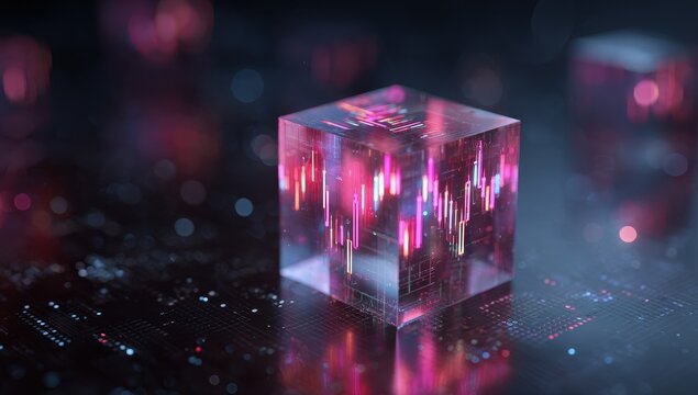 Transparent cube, glowing with data visualizations, sits on circuit board