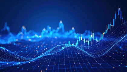 Investment asset forecast system blends market growth chart with bokeh technology, statistic datum, and screen background for finance decision analysis